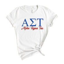 Load image into Gallery viewer, Alpha Sigma Tau T-Shirt | Alpha Tau Red and Blue Shirt | Alpha Sigma Tau Sorority Gift Idea - Kite and Crest
