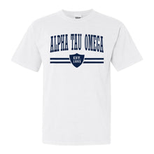 Load image into Gallery viewer, Alpha Tau Omega Comfort Colors T-Shirt - ATO Striped Shield Shirt - Kite and Crest
