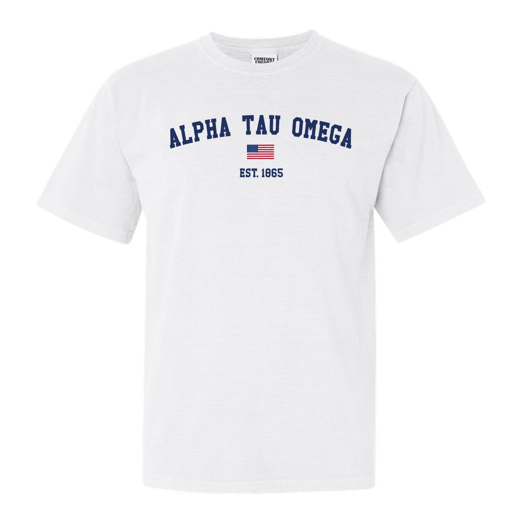 Alpha Tau Omega Comfort Colors T-Shirt - ATO USA Flag Shirt - Kite and Crest
