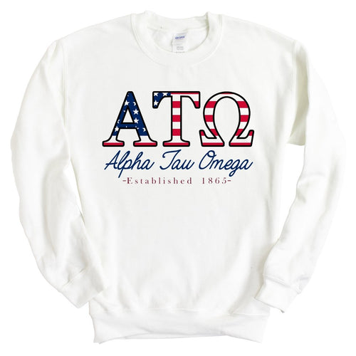 Alpha Tau Omega Sweatshirt - ATO American Flag Letters Crewneck Sweatshirt - Kite and Crest