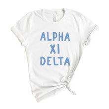 Load image into Gallery viewer, Alpha Xi Delta Blue Bubble Letter Sorority T-Shirt - Kite and Crest
