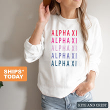 Load image into Gallery viewer, Alpha Xi Delta Sweatshirt - AXID Bright and Stacked Crewneck Sweatshirt - Kite and Crest
