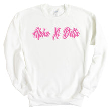 Load image into Gallery viewer, Alpha Xi Delta Sweatshirt | AXID Neon Pink Colored Crewneck Sweatshirt | Alpha Xi Delta Sorority Gift Idea - Kite and Crest
