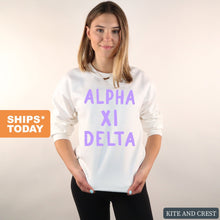 Load image into Gallery viewer, Alpha Xi Delta Sweatshirt - AXID Purple Bubble Letters Crewneck Sweatshirt - Kite and Crest
