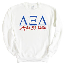 Load image into Gallery viewer, Alpha Xi Delta Sweatshirt | AXID Red and Blue Crewneck Sweatshirt | Alpha Xi Delta Sorority Gift Idea - Kite and Crest
