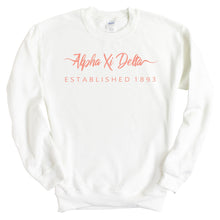 Load image into Gallery viewer, Alpha Xi Delta Sweatshirt | AXID White Script Letter Crewneck Sweatshirt | Alpha Xi Delta Sorority Gift Idea - Kite and Crest
