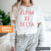 Load image into Gallery viewer, Alpha Xi Delta T-Shirt | AXID Pink Bubble Letters Shirt | Alpha Xi Delta Sorority Gift Idea - Kite and Crest
