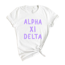 Load image into Gallery viewer, Alpha Xi Delta T-shirt - AXID Purple Bubble Letters Tee - Kite and Crest
