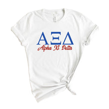 Load image into Gallery viewer, Alpha Xi Delta T-Shirt | AXID Red and Blue Shirt | Alpha Xi Delta Sorority Gift Idea - Kite and Crest
