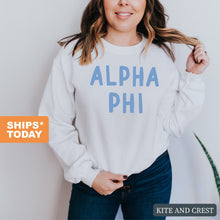 Load image into Gallery viewer, APHI Alpha Phi Blue Bubble Letter Sorority Crewneck Sweatshirt - Kite and Crest
