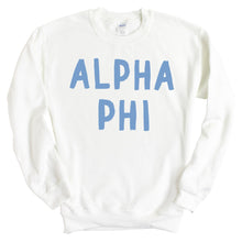 Load image into Gallery viewer, APHI Alpha Phi Blue Bubble Letter Sorority Crewneck Sweatshirt - Kite and Crest
