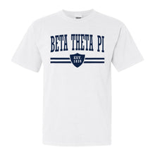 Load image into Gallery viewer, Beta Theta Pi Comfort Colors T-Shirt - Beta Striped Shield Shirt - Kite and Crest
