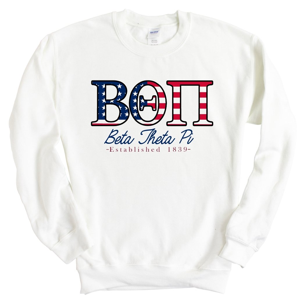 Beta Theta Pi Sweatshirt - Beta American Flag Letters Crewneck Sweatshirt - Kite and Crest