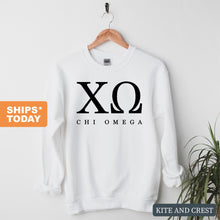 Load image into Gallery viewer, Chi O Chi Omega Block Letter Sorority Crewneck Sweatshirt - Kite and Crest
