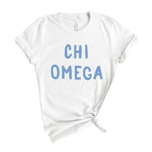 Load image into Gallery viewer, Chi Omega Blue Bubble Letter Sorority T-Shirt - Kite and Crest
