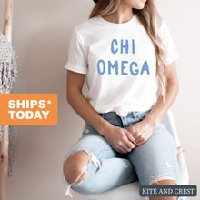 Load image into Gallery viewer, Chi Omega Blue Bubble Letter Sorority T-Shirt - Kite and Crest
