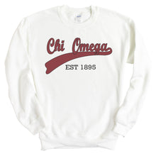 Load image into Gallery viewer, Chi Omega Sweatshirt | Chi O Baseball Crewneck Sweatshirt | Chi Omega Sorority Gift Idea - Kite and Crest
