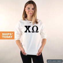 Load image into Gallery viewer, Chi Omega Sweatshirt | Chi O Basic Black Letters Crewneck Sweatshirt | Chi Omega Sorority Gift Idea - Kite and Crest
