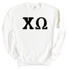 Load image into Gallery viewer, Chi Omega Sweatshirt | Chi O Basic Black Letters Crewneck Sweatshirt | Chi Omega Sorority Gift Idea - Kite and Crest
