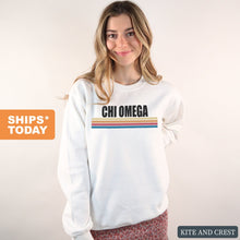 Load image into Gallery viewer, Chi Omega Sweatshirt | Chi O Colorful Stripes Crewneck Sweatshirt | Chi Omega Sorority Gift Idea - Kite and Crest
