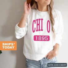 Load image into Gallery viewer, Chi Omega Sweatshirt | Chi O Large Established Crewneck Sweatshirt | Chi Omega Sorority Gift Idea - Kite and Crest
