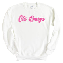 Load image into Gallery viewer, Chi Omega Sweatshirt | Chi O Neon Pink Colored Crewneck Sweatshirt | Chi Omega Sorority Gift Idea - Kite and Crest
