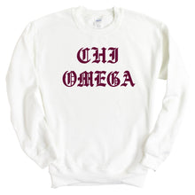 Load image into Gallery viewer, Chi Omega Sweatshirt | Chi O Old Type Written Crewneck Sweatshirt | Chi Omega Sorority Gift Idea - Kite and Crest
