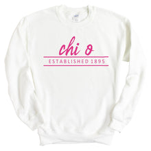 Load image into Gallery viewer, Chi Omega Sweatshirt | Chi O Pink Established Crewneck Sweatshirt | Chi Omega Sorority Gift Idea - Kite and Crest
