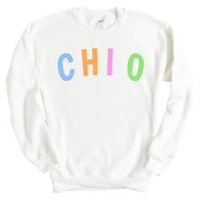 Load image into Gallery viewer, Chi Omega Sweatshirt | Chi O Rainbow Letter Crewneck Sweatshirt | Chi Omega Sorority Gift Idea - Kite and Crest
