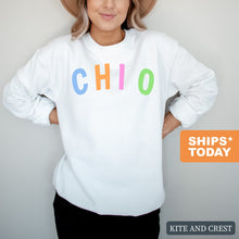 Load image into Gallery viewer, Chi Omega Sweatshirt | Chi O Rainbow Letter Crewneck Sweatshirt | Chi Omega Sorority Gift Idea - Kite and Crest
