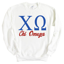 Load image into Gallery viewer, Chi Omega Sweatshirt | Chi O Red and Blue Crewneck Sweatshirt | Chi Omega Sorority Gift Idea - Kite and Crest
