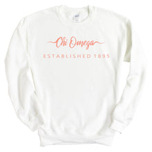 Load image into Gallery viewer, Chi Omega Sweatshirt | Chi O White Script Letter Crewneck Sweatshirt | Chi Omega Sorority Gift Idea - Kite and Crest
