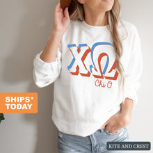 Load image into Gallery viewer, Chi Omega Sweatshirt - CHIO American Colored Crewneck Sweatshirt - Kite and Crest
