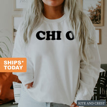 Load image into Gallery viewer, Chi Omega Sweatshirt - CHIO Block Name Crewneck Sweatshirt - Kite and Crest
