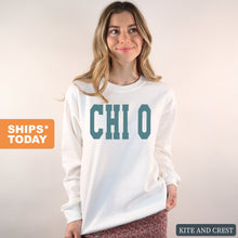 Load image into Gallery viewer, Chi Omega Sweatshirt - CHIO Blue Retro Crewneck Sweatshirt - Kite and Crest
