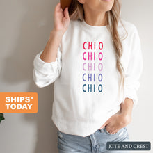 Load image into Gallery viewer, Chi Omega Sweatshirt - CHIO Bright and Stacked Crewneck Sweatshirt - Kite and Crest
