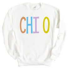 Load image into Gallery viewer, Chi Omega Sweatshirt - CHIO Colorful Lined Crewneck Sweatshirt - Kite and Crest
