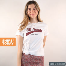 Load image into Gallery viewer, Chi Omega T-Shirt | CHI O Baseball Shirt | Chi Omega Sorority Gift Idea - Kite and Crest
