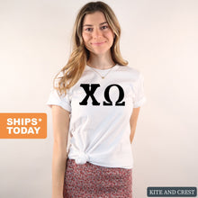 Load image into Gallery viewer, Chi Omega T-Shirt | CHI O Basic Black Letters Shirt | Chi Omega Sorority Gift Idea - Kite and Crest
