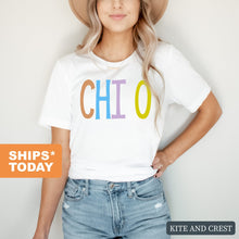 Load image into Gallery viewer, Chi Omega T-shirt - Chi O Colorful Lined Tee - Kite and Crest
