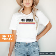 Load image into Gallery viewer, Chi Omega T-Shirt | CHI O Colorful Stripes Shirt | Chi Omega Sorority Gift Idea - Kite and Crest
