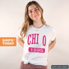 Load image into Gallery viewer, Chi Omega T-Shirt | CHI O Large Established Shirt | Chi Omega Sorority Gift Idea - Kite and Crest
