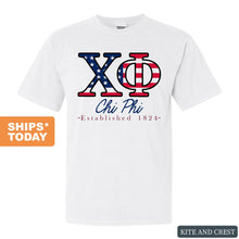 Load image into Gallery viewer, Chi Phi Comfort Colors T-Shirt - Chi Phi American Flag Letters Shirt - Kite and Crest
