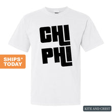 Load image into Gallery viewer, Chi Phi Comfort Colors T-Shirt - Chi Phi Stacked Letters Shirt - Kite and Crest
