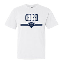 Load image into Gallery viewer, Chi Phi Comfort Colors T-Shirt - Chi Phi Striped Shield Shirt - Kite and Crest
