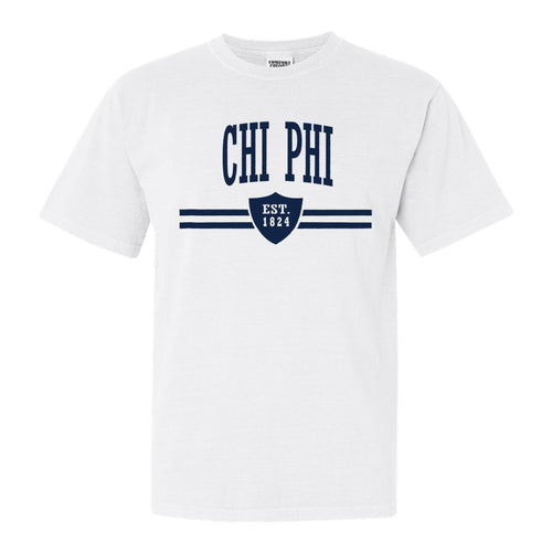Chi Phi Comfort Colors T-Shirt - Chi Phi Striped Shield Shirt - Kite and Crest