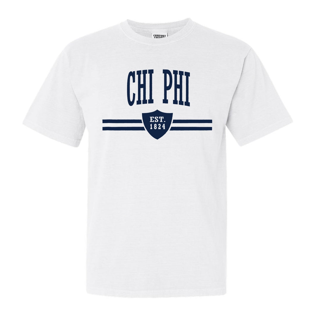 Chi Phi Comfort Colors T-Shirt - Chi Phi Striped Shield Shirt - Kite and Crest