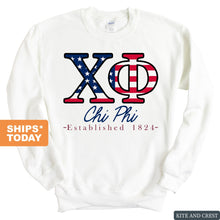 Load image into Gallery viewer, Chi Phi Sweatshirt - Chi Phi American Flag Letters Crewneck Sweatshirt - Kite and Crest
