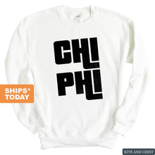 Load image into Gallery viewer, Chi Phi Sweatshirt - Chi Phi Stacked Letters Crewneck Sweatshirt - Kite and Crest
