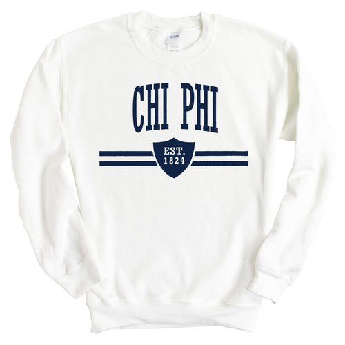 Chi Phi Sweatshirt - Chi Phi Striped Shield Crewneck Sweatshirt - Kite and Crest